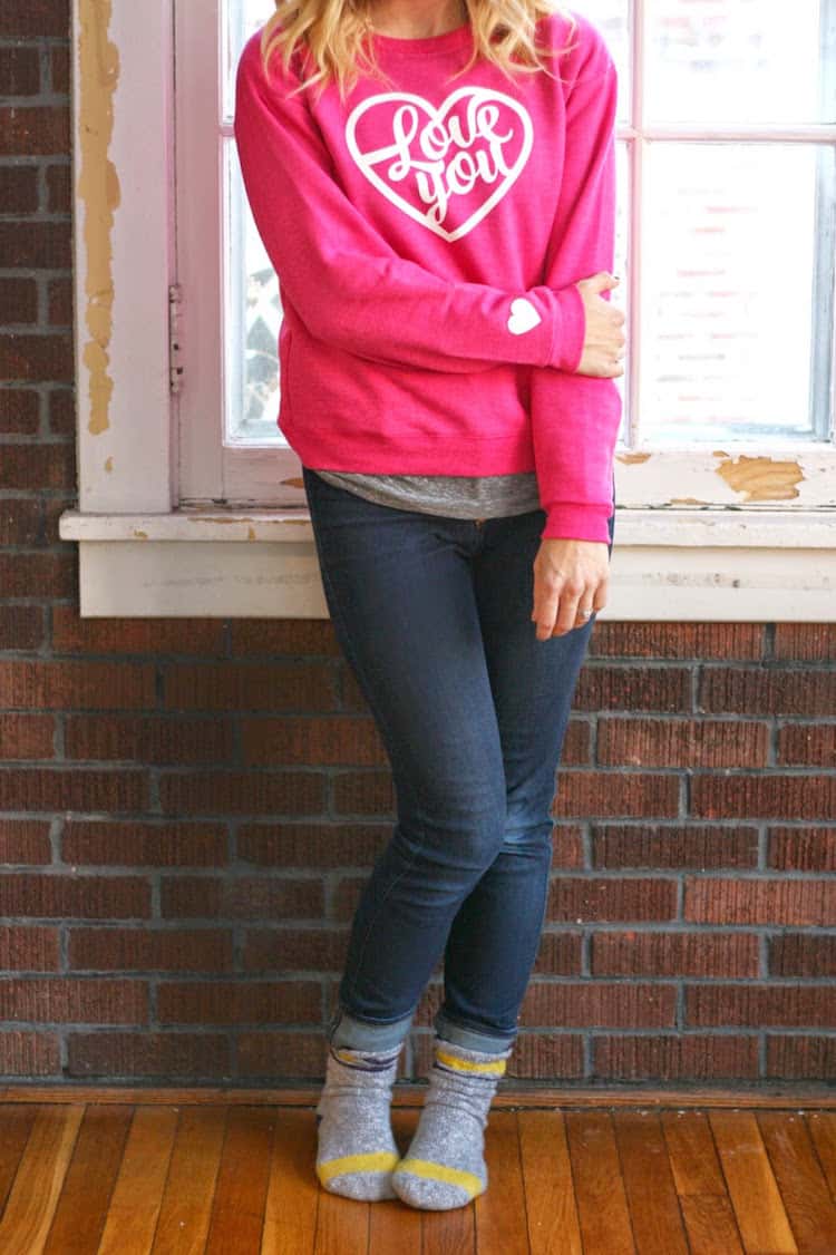 DIY Iron-On Valentine Sweatshirt + featured by Top US Craft Blog + The Pretty Life Girls: + image of valentine sweatshirt on person