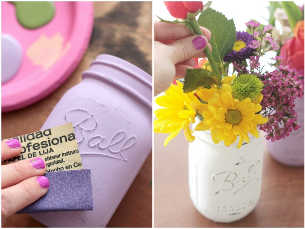 Sanding painted jars and adding flowers for DIY Easy Mothers Day Vases 