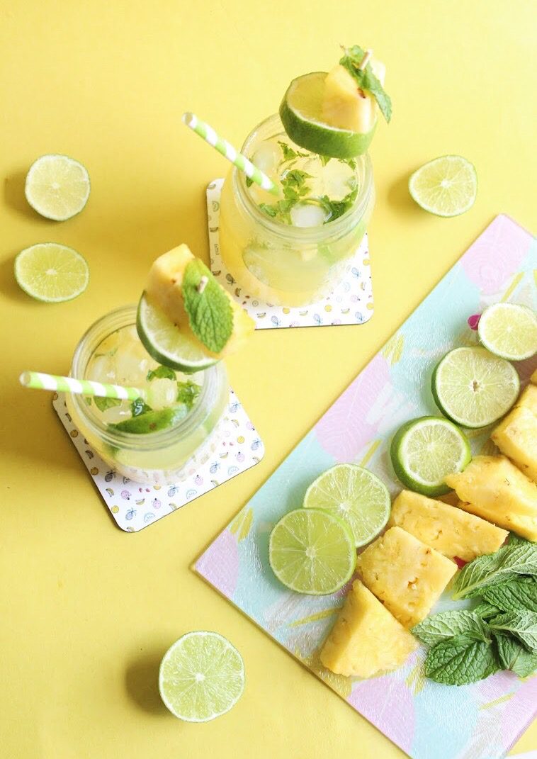 Sparkling Pineapple Mojito Mocktail and Ingredients