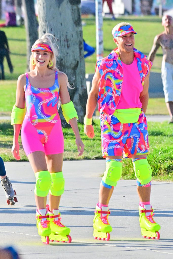 Margot Robbie & Ryan Gosling Rollerblade on 'Barbie' Set in Neon – Footwear  News